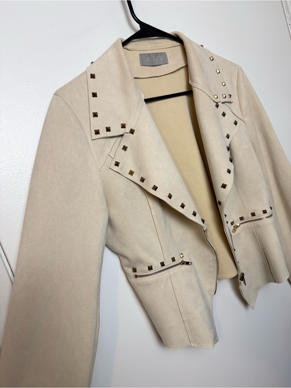 Asher Studded Faux Suede Moto Jacket Cream Ivory Size Large - Picture 7 of 7